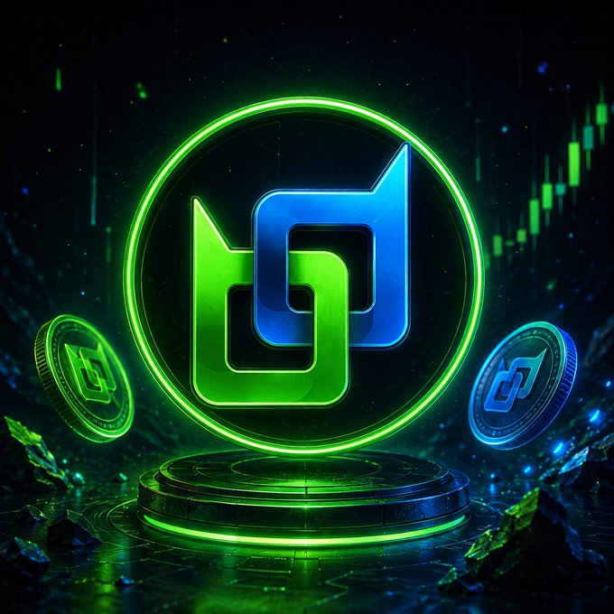 A digital rendering of a glowing green and blue cryptocurrency logo on a circular pedestal, surrounded by floating coins and a candlestick chart in the background.