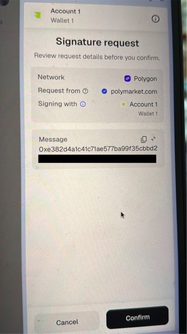 A smartphone screen displaying a 'Signature request' on the Polygon network from polymarket.com, with a long hexadecimal message string and Cancel/Confirm buttons at the bottom.
