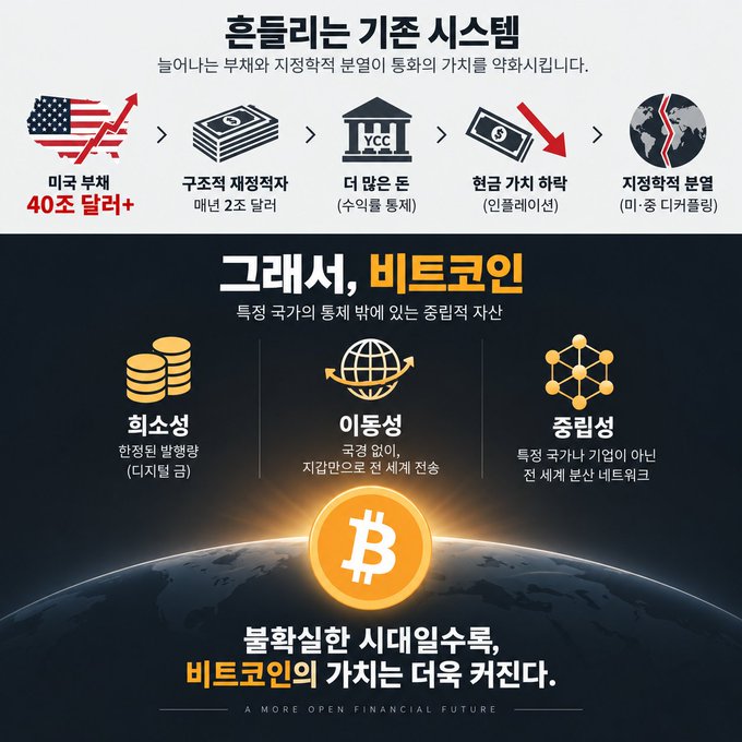 Korean-language infographic about Bitcoin's value system, highlighting the U.S. deficit ($40 trillion+), structural fiat currency issues, and Bitcoin's scarcity, mobility, and liquidity attributes, titled '불확실한 시대일수록, 비트코인의 가치는 더욱 커진다' (A More Open Financial Future).