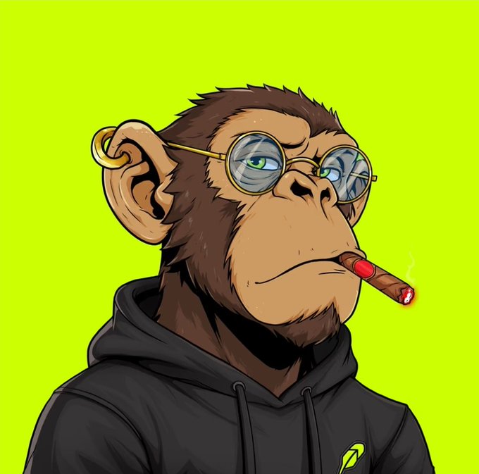 A cartoon-style illustration of a monkey wearing round sunglasses, a gold ear gauge, and a black hoodie, with a cigar in its mouth, set against a bright green background.