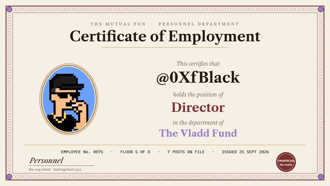 A 'Certificate of Employment' from 'The Mutual Fun Personnel Department' naming @0XfBlack as Director of 'The Vladd Fund', issued 25 Sept 2026.
