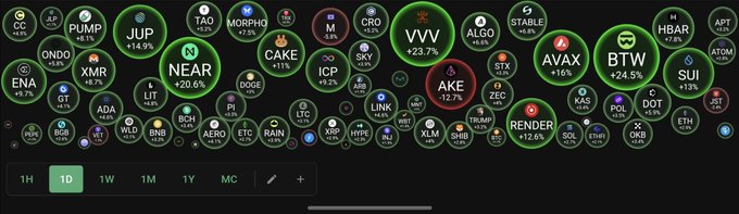 A cryptocurrency market visualization showing various crypto tokens with their price changes, including NEAR (+20.6%), AVAX (+16%), BTW (+24.5%), AKE (-12.7%), CAKE (+11%), and many others, with a timeframe selector at the bottom showing 1D selected.