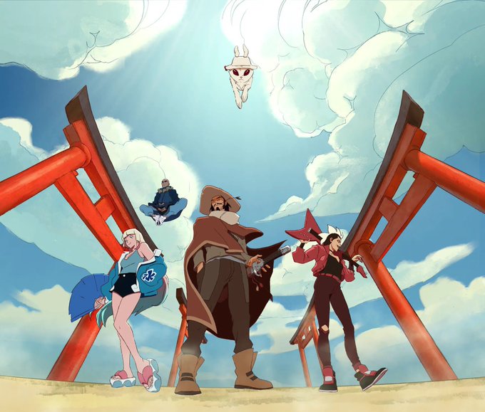 An anime-style illustration shows three characters and a floating cat-like figure posed dramatically under large red torii gates against a cloudy sky.