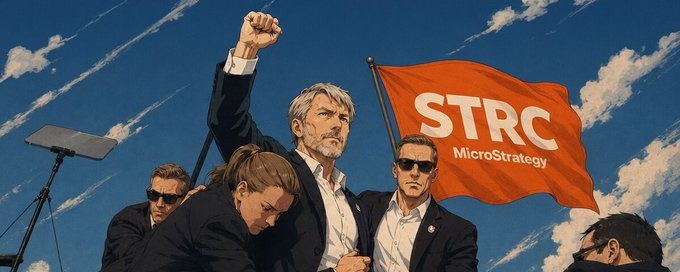 The image appears unrelated to the Saturn-DeFi project mentioned in the post. It shows a stylized illustration of a man with a raised fist surrounded by security personnel, with a red flag displaying "STRC MicroStrategy" — imagery typically associated with MicroStrategy's Bitcoin investment narrative, not the Saturn-DeFi AMA event being promoted.