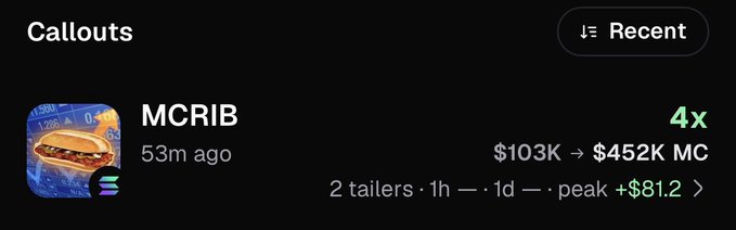 A dark interface headed “Callouts” shows “MCRIB,” “53m ago,” “4x,” and “$103K → $452K MC,” along with “2 tailers · 1h · · · 1d · · peak +$8.1.”