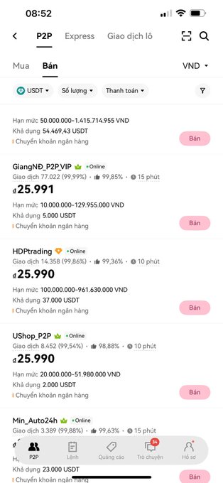 A mobile app screenshot of a Vietnamese P2P trading platform showing sellers offering USDT at prices like 25.991 and 25.990 VND.