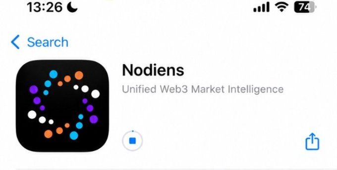 An iOS App Store listing for 'Nodiens - Unified Web3 Market Intelligence' featuring a colorful dotted circular logo.
