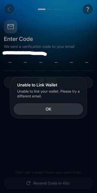 The image shows an error message displayed on a cell phone screen that reads "Unable to link wallet. Please try a different email." The text indicates that there might be an issue with the user's email account, possibly related to their bank or online services. The message also suggests that the user may need to contact customer support for assistance in resolving the problem.