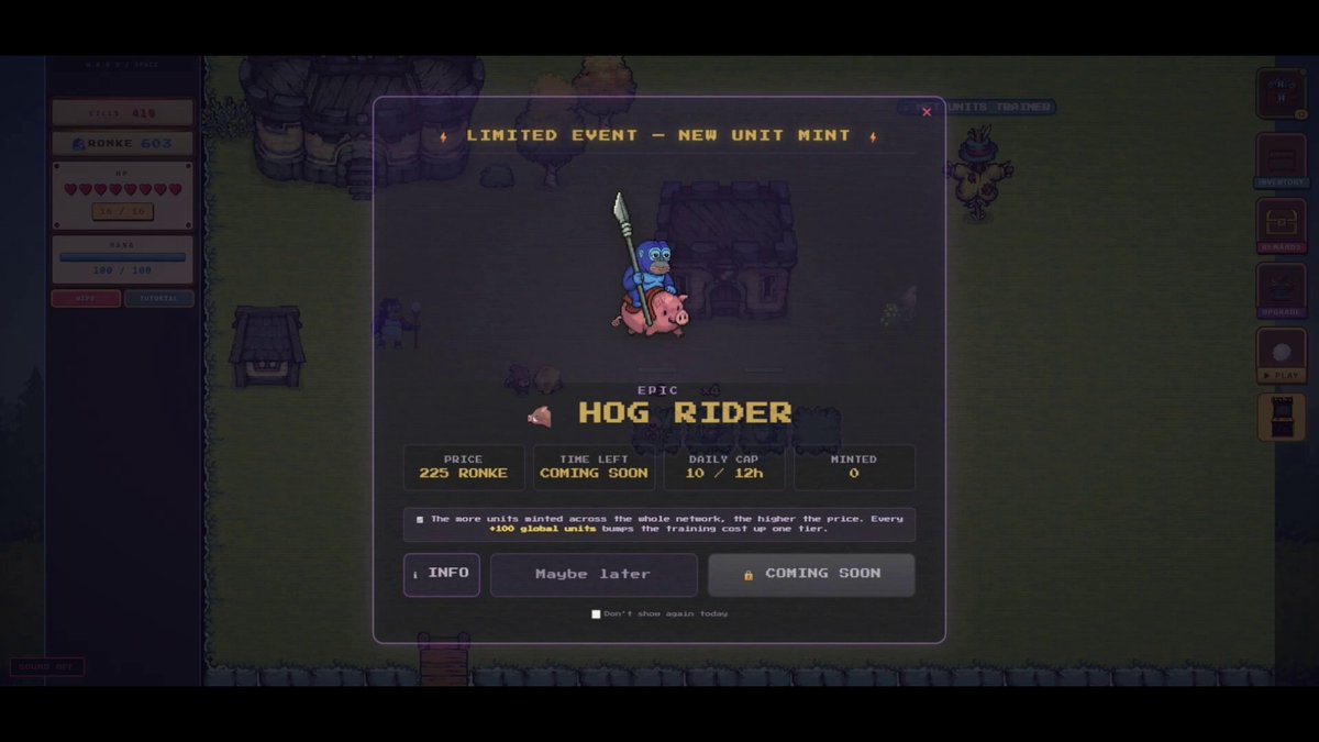 The image features a game screen with a character from the video game Hog Rider, specifically the HP Ride, displayed prominently along with various game information related to it. The HP Ride NFT Unit has arrived today at Age of Ronke on the @Ronin_Network, and it is now stronger than regular units Gains XP and Levels through gameplay. It is recommended that players use the HP Ride NFT unit to gain XP and levels as they progress further in the game.