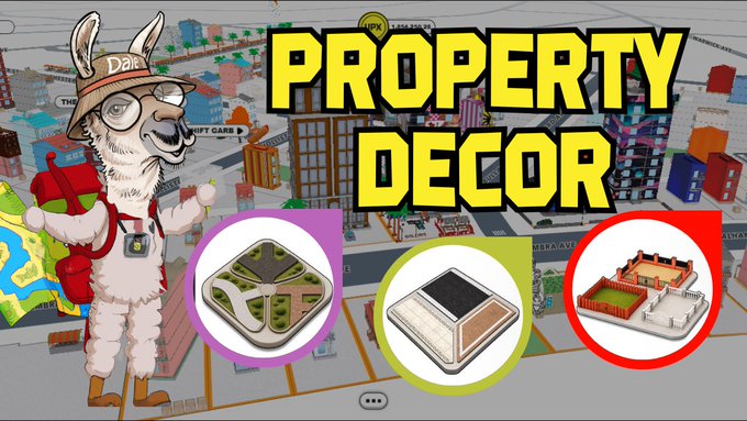 YouTube thumbnail titled 'PROPERTY DECOR' featuring a llama character in a 'Dark' cap and sunglasses, with three icons showing different property decorations over a city background.