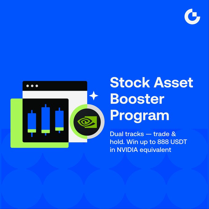 The image is a promotional graphic on a blue background featuring a stylized chart window with candlestick bars and an NVIDIA logo, alongside the heading "Stock Asset Booster Program" and text reading "Dual tracks — trade & hold. Win up to 888 USDT in NVIDIA equivalent." It visually supports the post by advertising the NVDA stock rewards campaign, highlighting the 888 USDT prize pool and the dual trade/hold tracks available with a minimum entry of 500 USDT.
