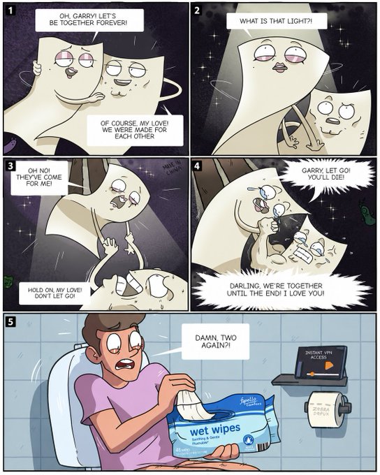 A five-panel comic strip by Meat Canyon showing two pieces of toilet paper (Garry and a partner) in a dramatic romance that ends with a disgusted human on a toilet holding wet wipes, saying 'DAMN. TWO AGAIN?!'