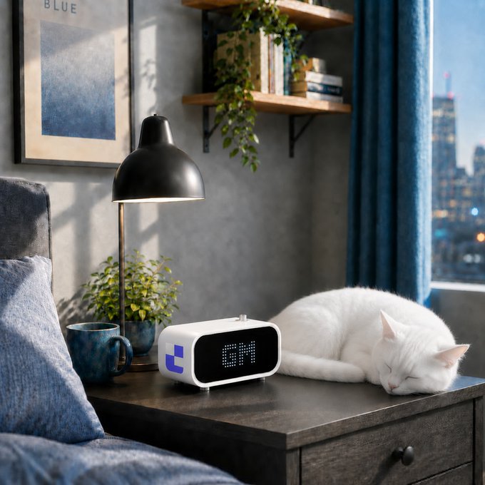 A cozy interior scene featuring a white cat sleeping on a dark wooden nightstand next to a digital alarm clock displaying "6 AM," with a lamp, plant, and framed art in the background.