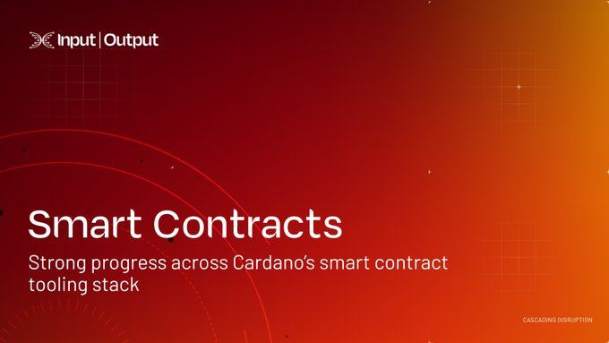 The image shows a red background with white text that reads "Smart Contracts Strong progress across Cardano's smart contract tooling stack! - The High Assurance team finished work on the latest built-ins (arrays and values), reaching full compliance with the conformance test suite!".