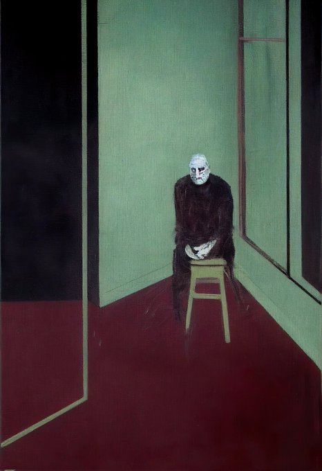 A somber painting depicts an elderly, bearded man in dark clothing sitting alone on a wooden stool in a sparse room with muted green walls and a deep red floor.