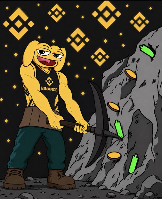 A cartoon illustration of a muscular anthropomorphic dog character wearing a 'BINANCE' tank top, mining cryptocurrency with a pickaxe against a rock face with BNB logos in the background.