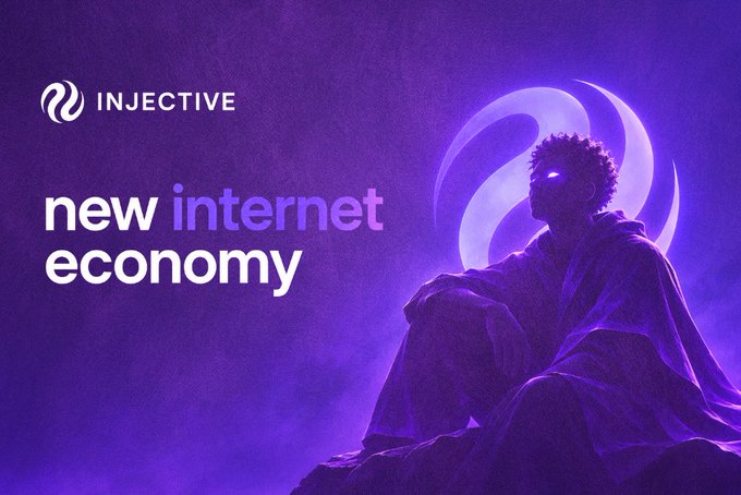 A purple promotional graphic for 'INJECTIVE' featuring the slogan 'new internet economy' and an illustrated figure with glowing eyes wearing a hooded cloak.