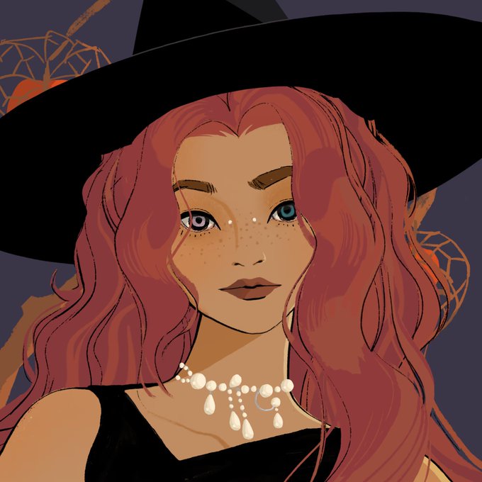 A digital portrait illustration features a woman with wavy red hair, blue eyes, freckles, and a large black witch hat, wearing a pearl necklace.