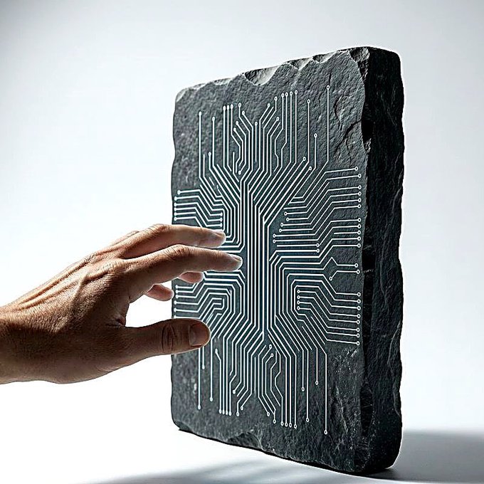 A hand reaches toward a dark slate stone slab etched with a glowing circuit board pattern, blending organic and technological imagery.