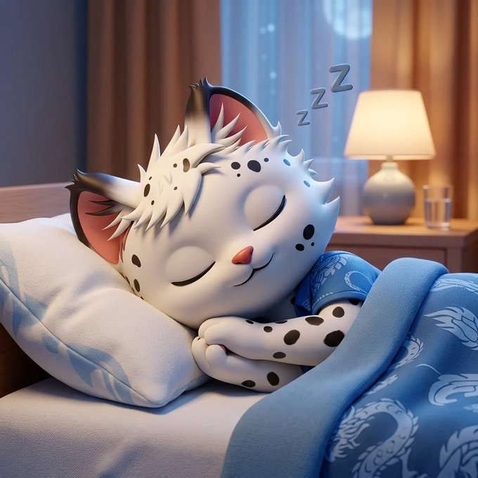 A 3D-rendered illustration of an adorable white spotted kitten sleeping peacefully in bed under a blue blanket with 'Zzz' floating above its head.
