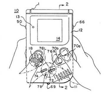 A black-and-white patent drawing of a handheld gaming device with a screen, directional pad, and buttons, labeled with numbers like 10, 50, 66, 70a, 70b, 76l, 76r.