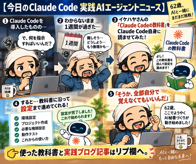 A Japanese 4-panel comic titled '今日のClaude Code 実践AIエージェントニュース' (Today's Claude Code AI Agent News), featuring a 62-year-old man's journey to learning Claude Code from scratch over a week.