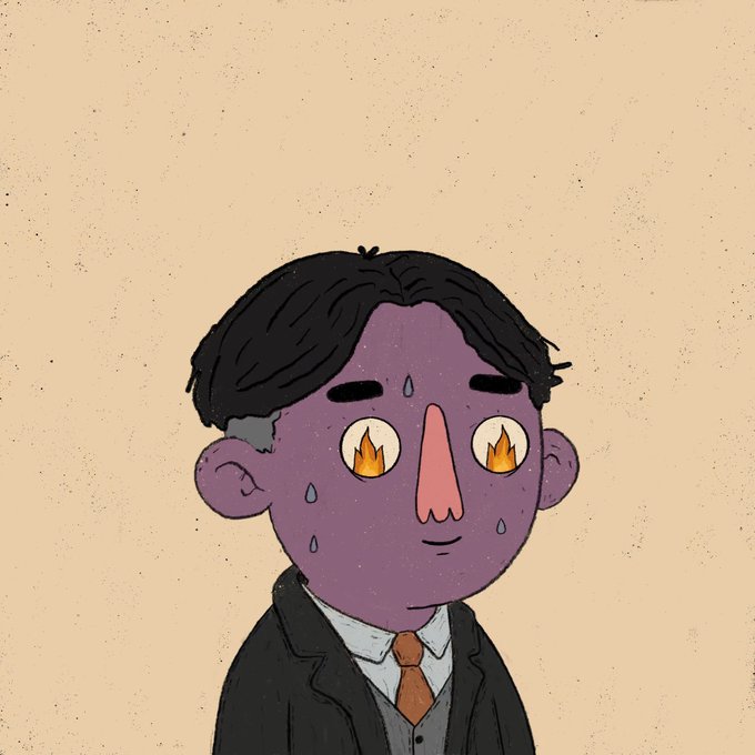 A cartoon illustration of a purple-skinned character with black hair, wearing a suit and orange tie, sweating profusely with fire for eyes against a beige background.
