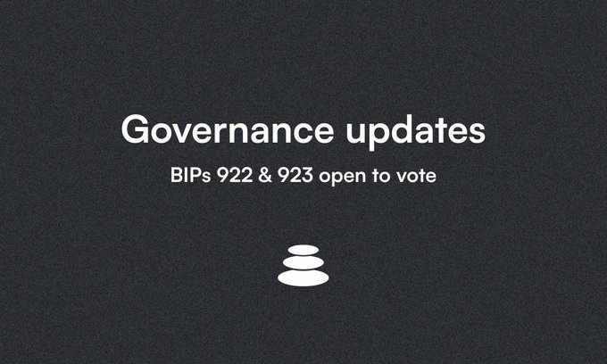 A simple graphic on a dark grey background reading 'Governance updates' and 'BIPs 922 & 923 open to vote' above the Aptos logo.