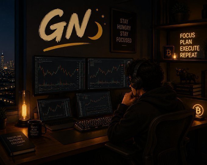 A person wearing headphones sits at a desk with multiple monitors showing trading charts, surrounded by motivational signs including 'GN', 'STAY HUNGRY STAY FOCUSED', and 'FOCUS PLAN EXECUTE REPEAT', with a book titled 'DISCIPLINE RESILIENCE FREEDOM' and Bitcoin logos.