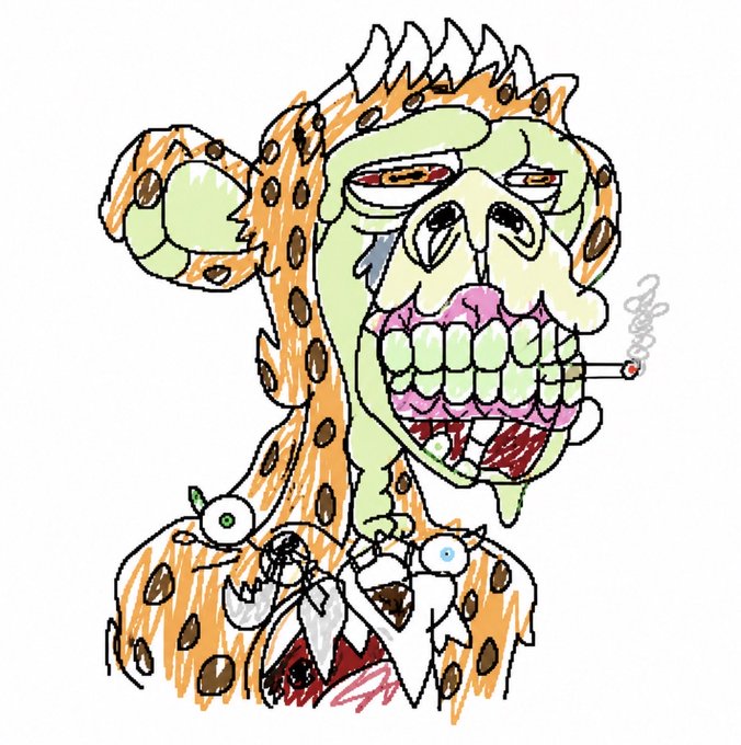 A crude, colorful digital sketch of a grotesque green creature with a large mouth full of teeth, bleeding eyes, and an orange spotted body holding weapons.