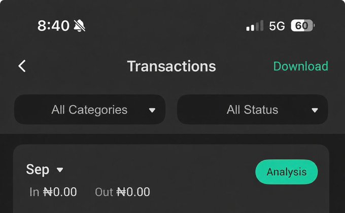 A mobile app screenshot showing a 'Transactions' page with 'All Categories' and 'All Status' filters, dated 'Sep' with ₦0.00 in/out values and an 'Analysis' button, displayed at 8:40 with 5G and 60% battery.