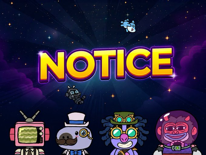 The image features a cartoon-like scene with four cartoon characters standing next to each other against a backdrop of stars and clouds. The text "NOTICE" is prominently displayed above them, indicating an important message or event. However, there are no visible texts in the image itself.