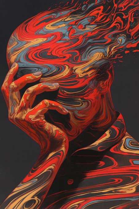 A surreal digital illustration depicts a figure with a hand raised to their face, their body and features dissolving into flowing swirls of red, black, gold, and blue colors.
