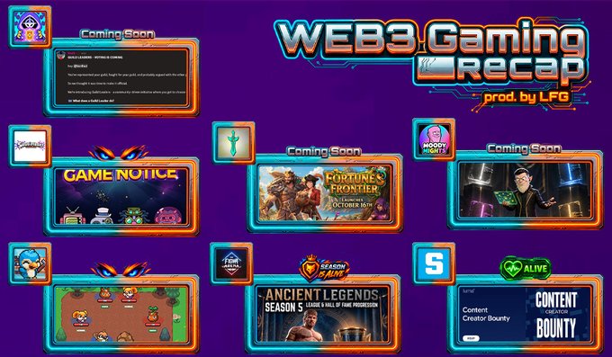 A purple digital graphic titled 'WEB3 Gaming Recap prod. by LFG' displaying various game thumbnails, including 'GAME NOTICE', 'Fortune's Frontier' with 'Coming Soon', 'Ancient Legends - Season 5', and 'Content Creator Bounty' with '$ ALIVE'.