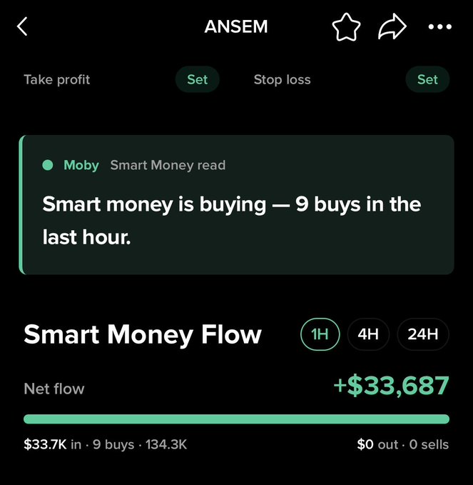 A trading app screen for the ticker ANSEM displays a "Smart Money" alert showing 9 buys in the last hour, with a net flow of +$33,687 and $33.7K in (134.3K) against $0 out over a 1H timeframe, supporting the post's claim of a positive shift in smart money flows.