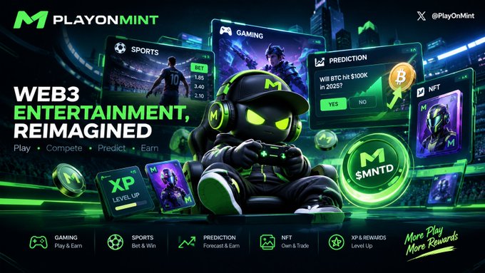 PlayOnMint Web3 Entertainment promotional banner featuring a green mascot character, highlighting Gaming, Sports, Prediction, and NFT categories with $MNTD token.