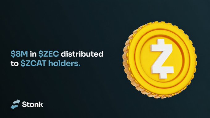 A promotional graphic featuring a large 3D-rendered golden Zcash (ZEC) coin on a dark background, with text stating "$8M in $ZEC distributed to $ZCAT holders" alongside the Stonk logo, illustrating the post's message about earning rewards for holding tokens.