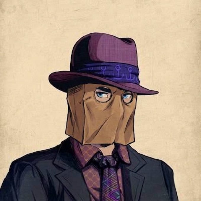 A masked figure wearing a purple fedora with an anchor-patterned band and a dark suit stares sideways with piercing blue eyes, evoking a mysterious, stealthy "anon" persona.

The anonymous, faceless appearance paired with the post's "GM Anon" greeting suggests a crypto/web3 culture nod to privacy and new beginnings for the week ahead.