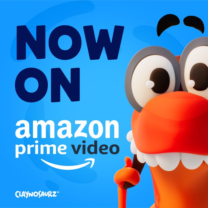 The image announces "NOW ON amazon prime video" alongside an orange claymation dinosaur character with large googly eyes, with "CLAYNOSAURZ" branding at the bottom. The promotional graphic celebrates the NFT project's animated series making its way to Amazon Prime Video, marking a milestone for the Solana-based Claynosaurz collection.