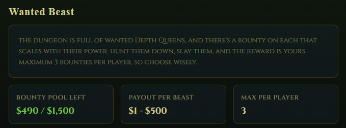 A 'Wanted Beast' game interface describing bounty hunting for Depth Queens, with a reward pool of $490/$1,500, payouts ranging from $1-$500, and a maximum of 3 bounties per player.