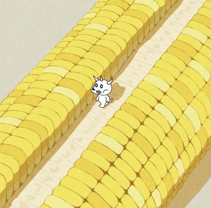 An illustration of a small white horned creature walking down a path between two giant ears of corn.