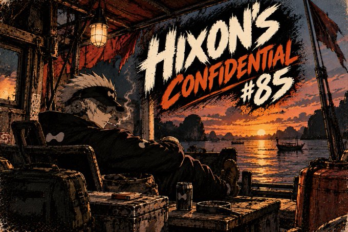 Illustrated cover art for 'HIXON'S CONFIDENTIAL #85' showing a white-haired character relaxing in a fishing shack overlooking a sunset seascape.