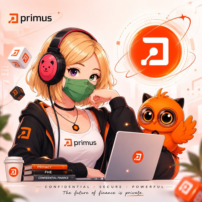 An anime-style illustration advertising 'primus' cryptocurrency, showing a blonde woman with headphones and a green mask using a laptop next to an orange owl mascot, with text reading 'CONFIDENTIAL · SECURE · POWERFUL' and 'The future of finance is private.'