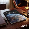 A JAN3 "Country-by-Country Bitcoin Adoption Report 2025" sits on a polished wooden desk beside a pen and an American flag, representing the United States' top-ranked position in global Bitcoin holdings as highlighted in the accompanying analysis.