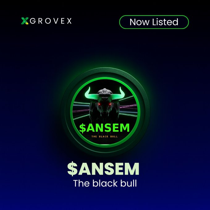 A Grovex exchange announcement featuring the "$ANSEM - The Black Bull" token, displaying a neon green bull logo within a circular emblem, promoting its new listing for trading on the platform.
