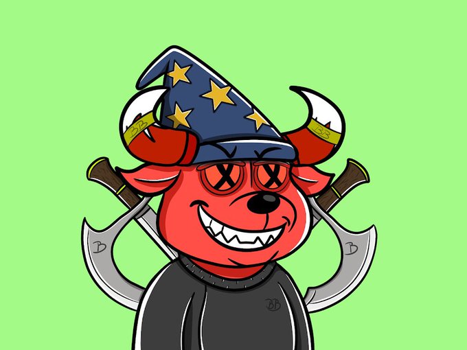 A cartoon illustration of a red devil-like character with horns, X-shaped eyes, sharp teeth, a wizard hat with stars, and dual-bladed axes crossed behind him on a green background.