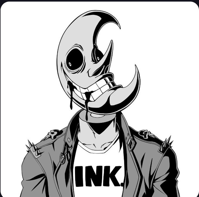 A black and white cartoon illustration of a crescent moon-headed character with a wide grin, wearing a jacket with spikes and a shirt reading 'INK.'