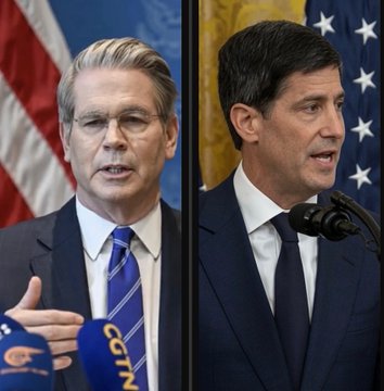 The split image shows Treasury Secretary Scott Bessent (left) speaking in front of an American flag and a second man (right) speaking in front of a U.S. flag, likely at a press briefing or hearing. The image relates to the post by depicting the key U.S. financial officials responsible for monetary policy and Treasury operations, which are driving the $180B from the Treasury and $15.5B from the Fed liquidity expansion highlighted in the caption, fueling the surge across stocks, gold, silver, and crypto.