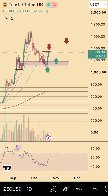 A TradingView chart of ZECUSD (Zcash/TetherUS) on a daily timeframe shows the price at 1,338.08, up 80.68 (+6.42%), with technical annotations including a horizontal support zone near 1,150-1,250, resistance arrows around 1,400, and an RSI indicator in the lower panel. The chart's surge of over 200% from September lows to recent highs near 1,600 visually reinforces the post's whimsical "magic" reference to Zcash's remarkable price recovery.