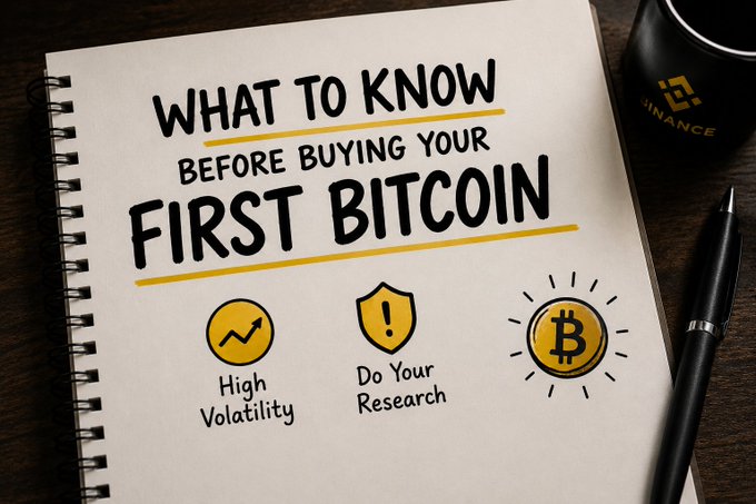 A handwritten notebook page titled "What To Know Before Buying Your First Bitcoin" highlights two key tips—High Volatility (with a rising arrow icon) and Do Your Research (with a warning shield)—alongside a glowing Bitcoin symbol, visually reinforcing the post's message to approach your first BTC purchase with caution and education rather than FOMO.